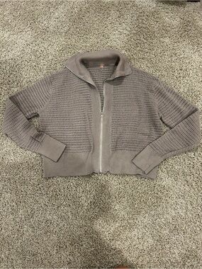 Mono B Waffle-Knit Zip Front Sweater Jacket in Taupe